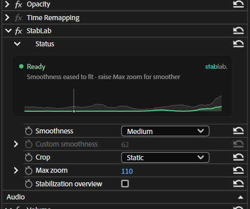 StabLab's controls in Premiere Pro's Effect Controls: Status Ready, Smoothness, Crop, Max zoom, Stabilization overview